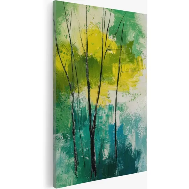 Saammp Canvas Schilderij - Bomen - Geel -Blauw - Groen - Bloemen - Landschap - Natuur - 50x70 - Foto op canvas - Wanddecoratie - Muurdecoratie Woonkamer - Slaapkamer decoratie - Canvas Print Multicolor
