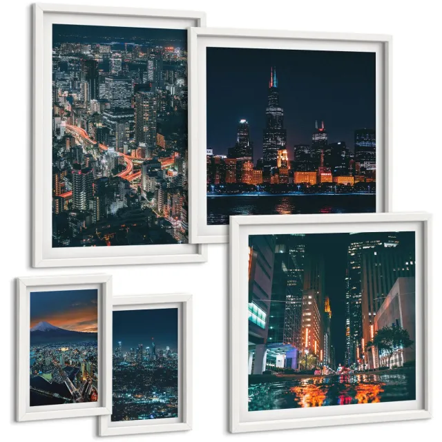 Coloray 5-Delige Schilderij Set - Nachtelijke Uitzichten Op Moderne Steden En Hun Architectuur - 50 x 50 cm, 20 x 30 cm En 40 x 60 cm - Wanddecoratie - Schilderijen Set - Interieur Witte lijst