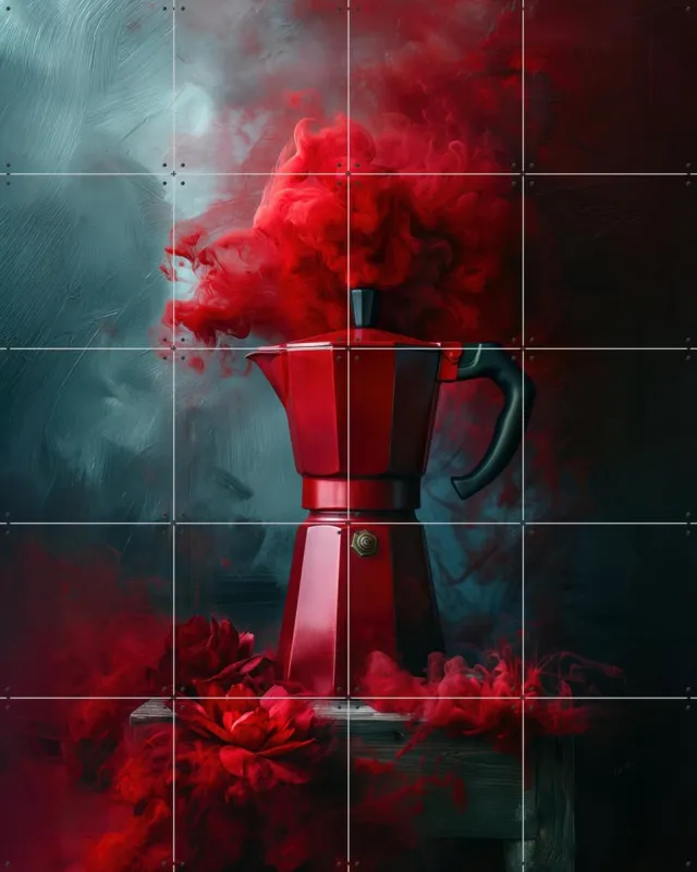 IXXI Italian Bialetti Coffee Percolator Red Smoke, OTTI - 80 x 100 cm - Grote wanddecoratie en posters - Modern, Digitale Kunst, Speels, Woonkamer Rood