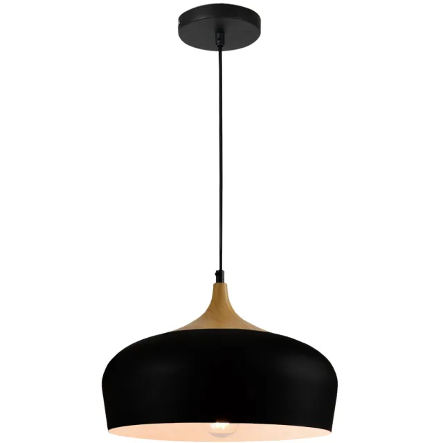 QUVIO Hanglamp Scandinavisch - Rond metaal met houtlook - Diameter 33 cm - Zwart en bruin