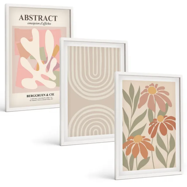 TULUP 3-Delige Schilderij Set - Abstracte vormen met plantmotieven in pastelkleuren. - 40x60 - Wanddecoratie - Woonkamer Decoratie Witte lijst