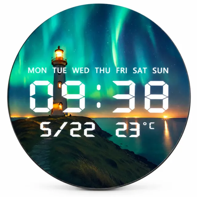 SWGOTA Ronde digitale LED-wandklok van 30 cm, 30 mm dik, met noorderlicht en vuurtoren, tijd, datum, weekdag- en temperatuurweergave Groen