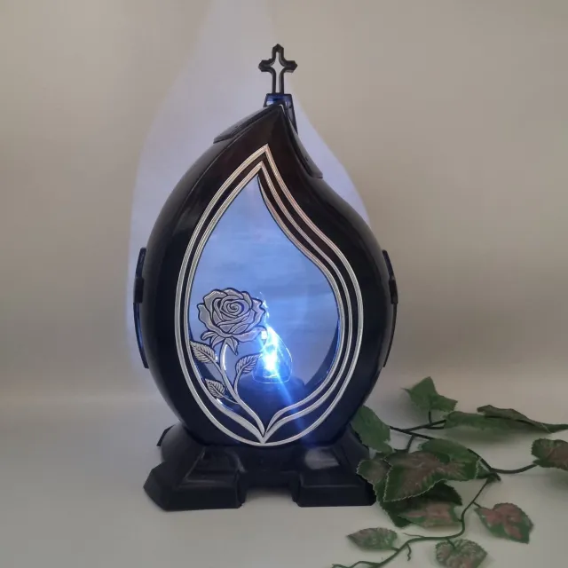 Lubema Herdenkingslicht - L-45 - Druppel - Roos - Lantaren - Zilver - Incl LED koud wit (Zwart) - Windlicht - Graflicht - Grafkaars Zwart/Zilver