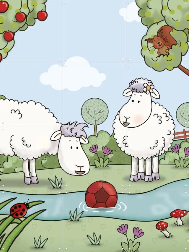 IXXI Mike & Molly spelen met de bal, Mike & Molly & Van Hoorne Studios - 60 x 80 cm - Grote wanddecoratie en posters - Fantasierijk, Cartoonesk Wit / Groen