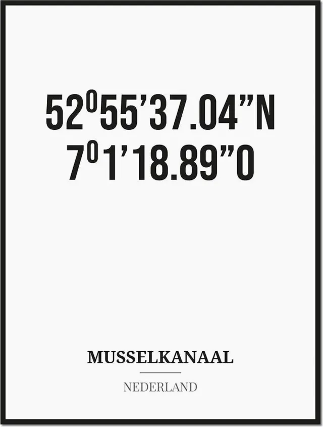 Studio216 Poster/kaart MUSSELKANAAL met coördinaten zwart, wit