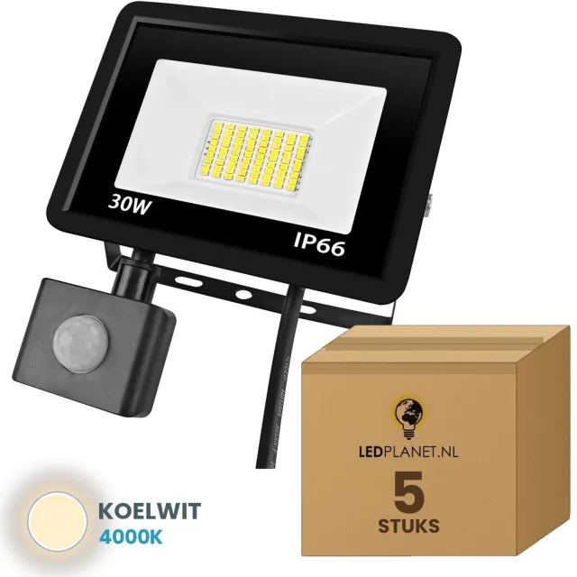 Tsong LED Schijnwerper 30W - 5 stuks - 3.000 lm - Koelwit 4000K - 120° Breedstraler - Bewegingssensor - IP65 - Buitenlamp & Gevelverlichting - 2 jaar garantie