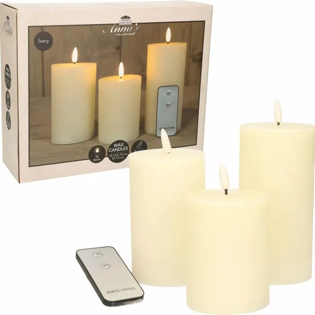 Anna's Collection LED Stompkaarsen met afstandsbediening - 6x - ivoor - 10/12.5/15 cm Creme