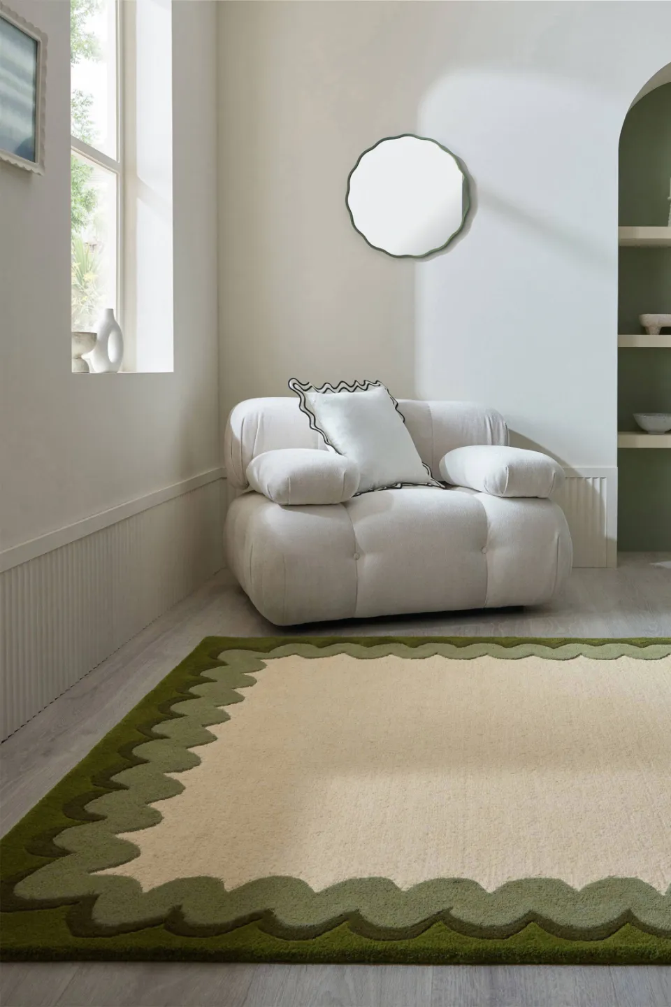 Flair Rugs Wiggle Border wollen vloerkleed olijfgroen, foto 2