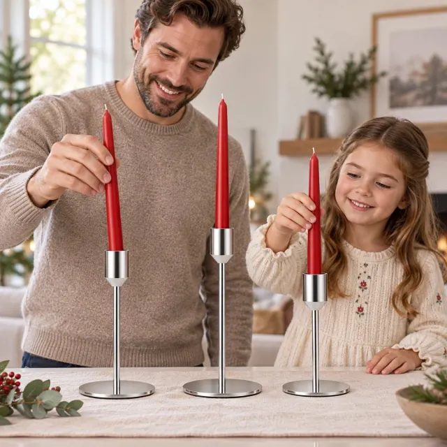 R H R&H® Set van 3 Zilveren Kandelaarhouders voor Taperkaarsen - Metalen Kandelaars in 3 Hoogtes - Woondecoratie, Bruiloft, Feest