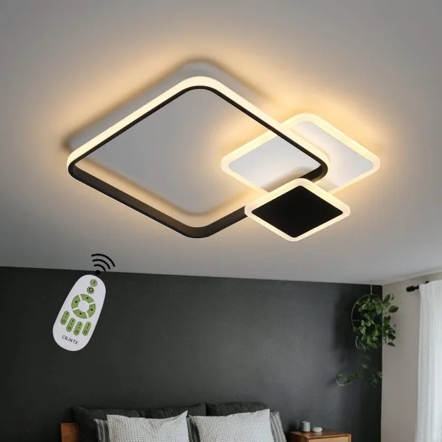NETTLIFE Plafondlamp LED - Zwart - vierkant - 3-Lichts - Metaal - 46W - Dimbaar - met Afstandsbediening - Moderne Plafondverlichting - voor Woonkamer | Slaapkamer | Studeerkamer - 45cm