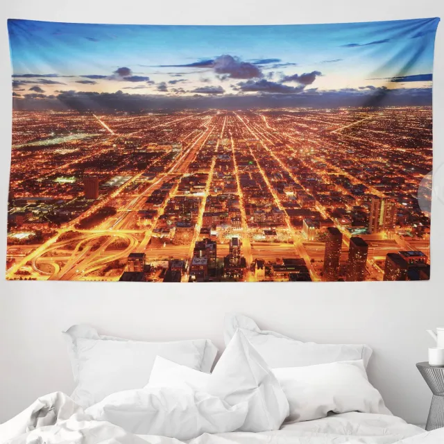 ABAKUHAUS Stadswandtapijt en sprei, Chicago Downtown Air, 230 x 140 cm, Oranje Donkeroranje Blauw Oranje Donker Oranje Blauw