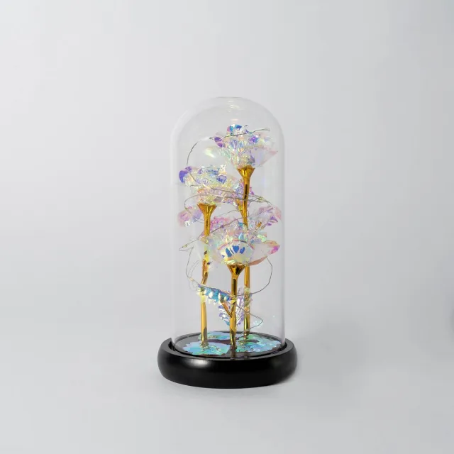 Vastu Triple Galaxy Roos in Glazen Stolp Decoratie - Galaxy - Waardering - Woonaccessoires - Liefde - Verjaardag - Tijdloos - Thanksgiving - Kerst Goud