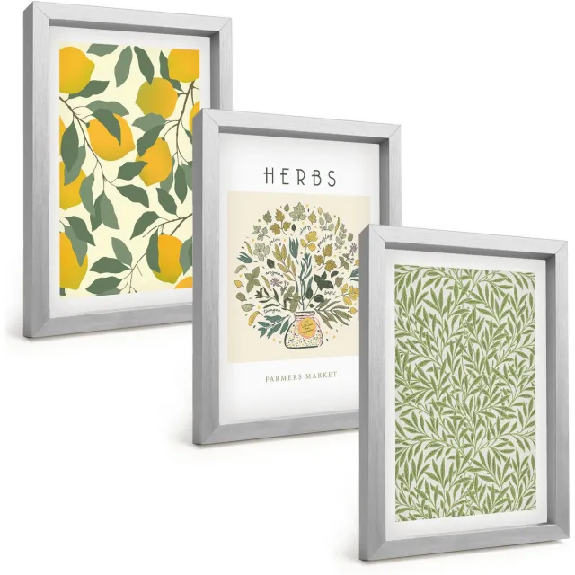 TULUP 4-Delige Schilderij Set - Citroenmotieven met kruiden en plantenbladeren - 20 x 30 cm - Wanddecoratie - Muurdecoratie - Moderne Interieurdecoratie Zilveren lijst