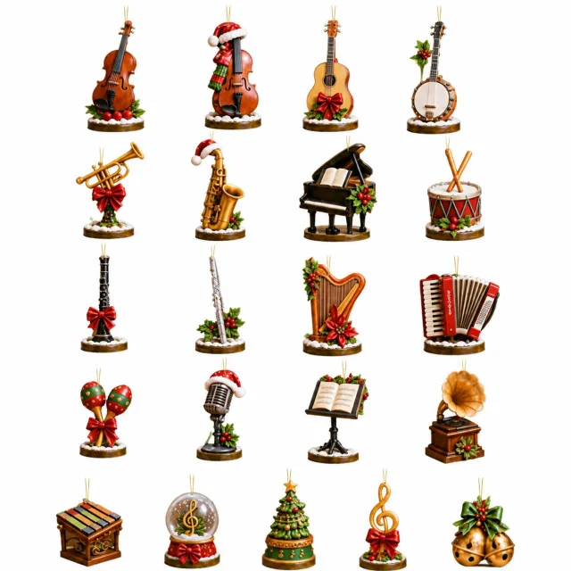 SWGOTA Adventskalender 2026 met 24 muziekthemadecoraties - Symfonische instrumenten - Met ophangkoordjes en voetjes - Verpakking 26 x 18 x 3 cm Goud