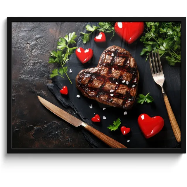 FrameYourWall Poster in lijst - Fotolijst 70x50 cm - Posters - Steak - Hart - Bestek - Posterlijst zwart - Decoratie - Wanddecoratie woonkamer - Muurdecoratie slaapkamer