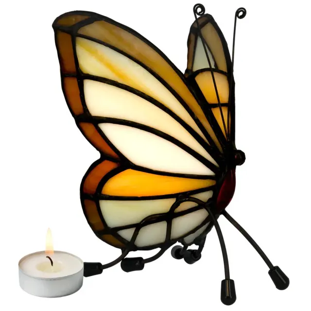 Tiffany vlinder waxinelichthouder - crème-amber - H 14 cm - glas-in-lood - theelichthouder | RORUVERA