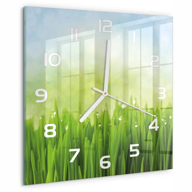 TULUP Wandklok - Gras Moderne Wandklok Glas - 30x30 cm - Groente Wandklok Glas Decoratie - Witte handen - Vierkante Klok - Glazen Wandklok Design - Klok Glas Met Opdruk