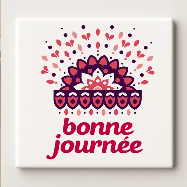Nevolis Keramische Kunsttegel 15x15cm – “Bonne Journée” Franse Quote – Kleurrijk Mandala Ontwerp Muurdecoratie voor Huis & Keuken Multi Color