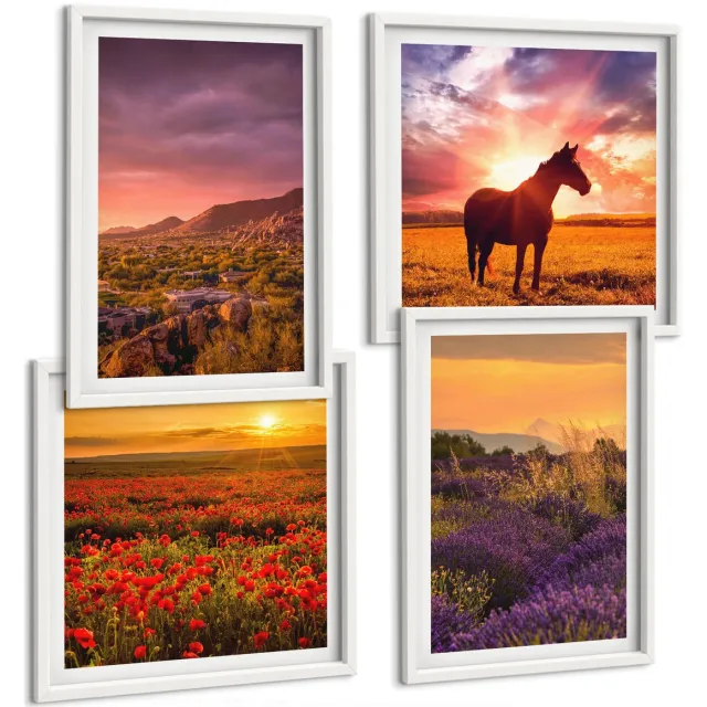 TULUP 4-Delige Schilderij Set - Berglandschappen met paarden en lavendelvelden - 40x40 en 40x60 - Wanddecoratie - Muurdecoratie - Moderne Interieurdecoratie - Stijlvolle Muurdecoratie Witte lijst