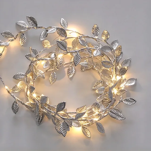 Flintry Zilveren Bladeren Slingerlicht LED - Op Batterijen - 2 Meter - 20 Lampjes - Warm Wit - Sfeervolle Decoratie