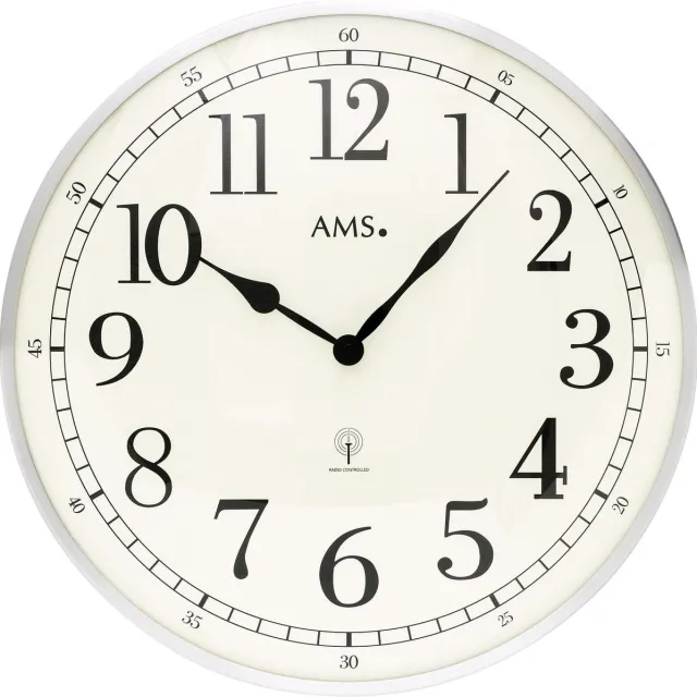 AMS F5606 - Wandklok - Radiogestuurde tijdsaanduiding - Metaal - Mineraal Glas - Rond - diameter 40 cm ø - Zilverkleurig - Wit - Zwart