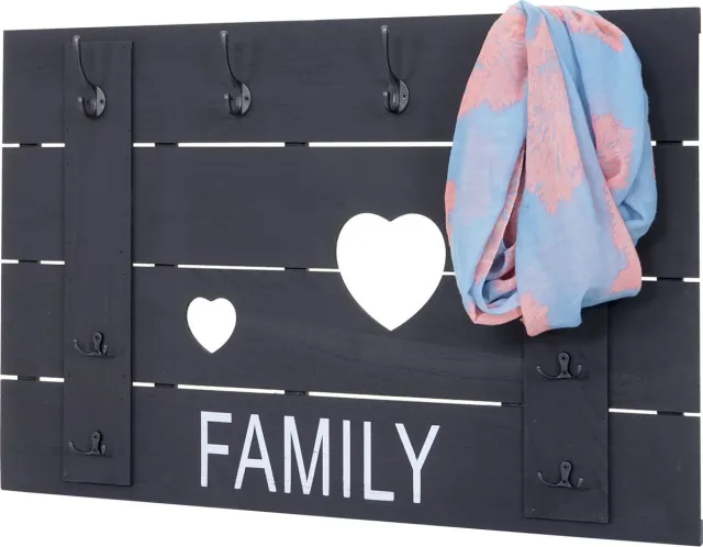 Cosmo Casa Muurkapstok - Familie - Kapstokpaneel - Versleten vintage uitstraling - 8 haken 60x90cm - Donkergrijs - Versleten