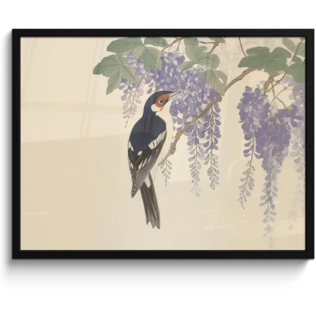 FrameYourWall Poster in lijst - Fotolijst 70x50 cm - Posters - Specht - Bloemen - Paars - Posterlijst zwart - Decoratie - Wanddecoratie woonkamer - Muurdecoratie slaapkamer