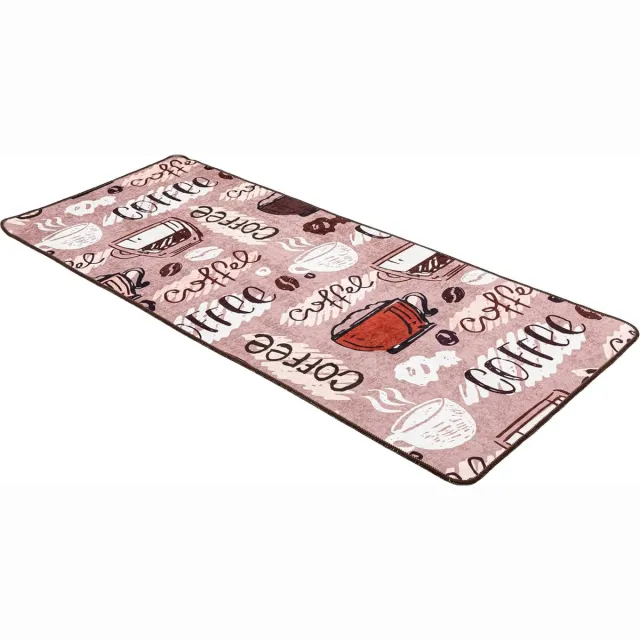 Bavaria-Home Vloerkleed Modern keukentapijt gelloper keukenloper grijs wit zwart met antislip vloerpatroon met opschrift koffie macchiato (kopje koffie, 80 x 150 cm) roze