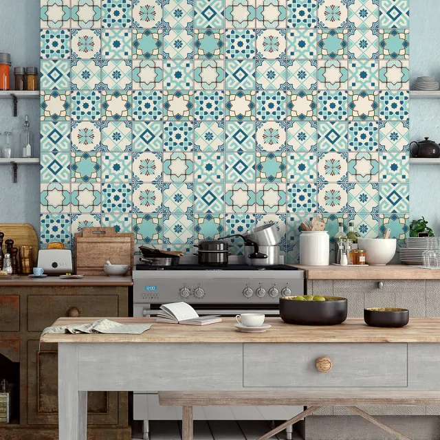 Ambiance Sticker Zelfklevende tegelmuurstickers voor keuken en badkamer - 30 cementtegelstickers, Azulejos-stijl, Franzy - 30 stickers, 10x10 cm Multi color