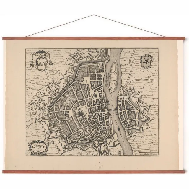 Esque Poster In Posterhanger - Historische Oude Kaart Maastricht - 50x70 cm - Kader Hout - Ophangsysteem - Vintage Plattegrond