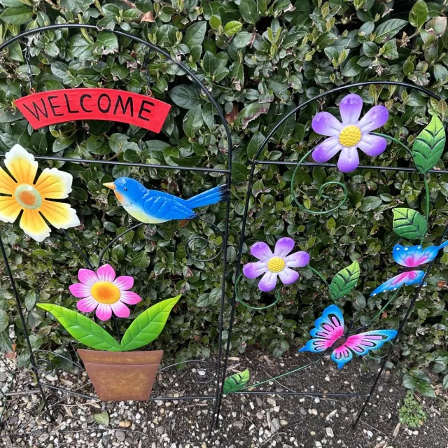 Impuls Metalen tuinstekers "Welcome + bloemen en vogel + Bloemen en vlinders" - Set van 2 stuks - meerkleurig - hoogte 75 cm x 33 x 2 cm + hoogte 72 cm x 30 x 2 cm - Tuindecoratie - tuinstekers Meerkleurig - bloemen + vogel + vlinders