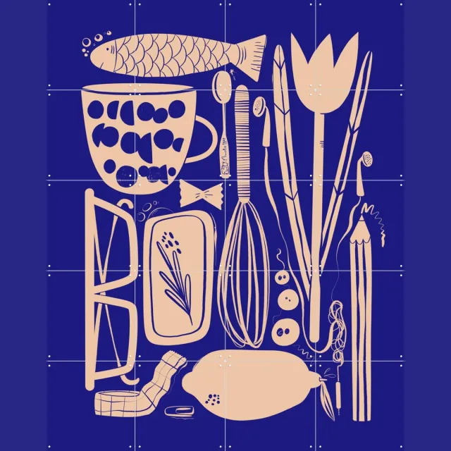 IXXI Things, Gozde - 80 x 100 cm - Grote wanddecoratie en posters - Speels, Grafisch Ontwerp, Illustraties, Line art, Keuken, Woonkamer, Eetkamer Blauw