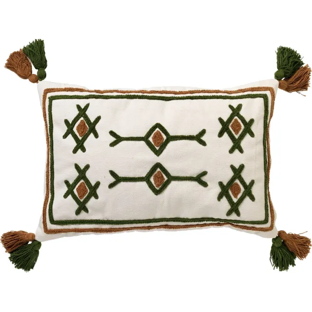 Dutch Decor ZITA - Sierkussen katoen 40x60 cm - Chive - groen / wit / bruin - Kussen met flosjes - Inclusief binnenkussen Olijfgroen
