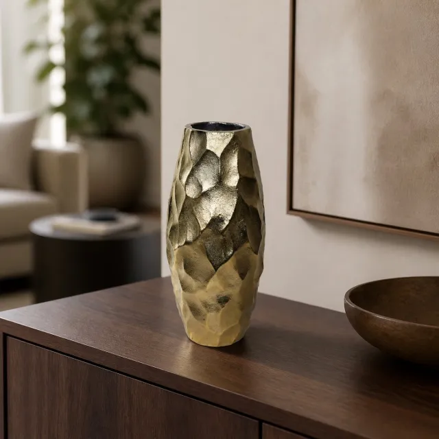 Hoppa! Vaas - Slanke Metalen met Reliëf - Goud - 14 x 14 x 30 (B x D x H)