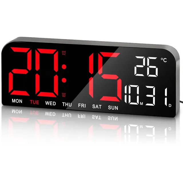 Bobypet Wekker - 24 cm digitale wandklok - Met temperatuur en vochtigheidsweergave - Aftel-/optelfunctie - Twee alarmen - 4 helderheidsniveaus- werkt op netstroom - voor kantoor, klaslokaal, sportschool en thuis - Rood