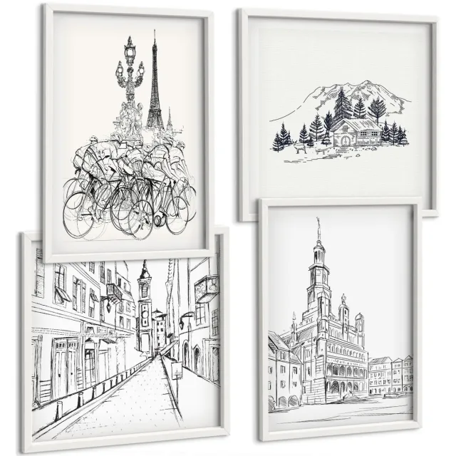 Coloray 4-Delige Schilderij Set - Eenvoudige Tekeningen Van Stadsgezichten - 40 x 40 En 40 x 60 - Wanddecoratie - Schilderijen Set - Kantoor - Interieur Decoratie Witte lijst