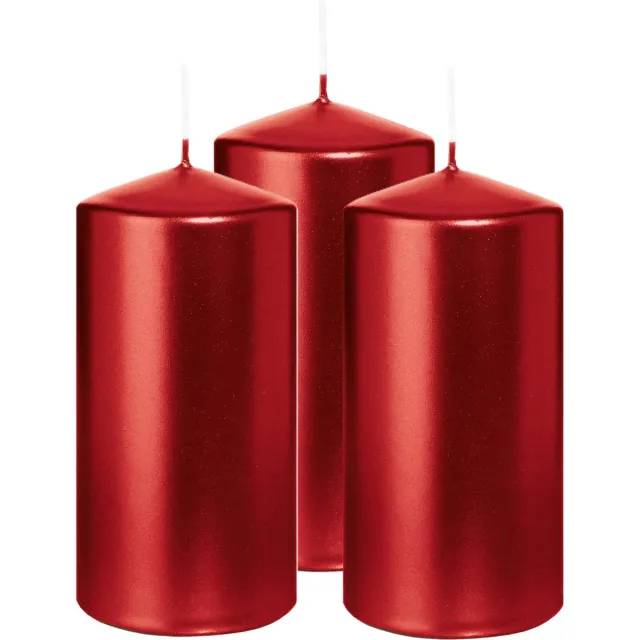 Wiedemann Cilinderkaars/stompkaars - 3x - metallic rood - 12 x 6 cm - 33 branduren - zuilkaarsen Donkerrood