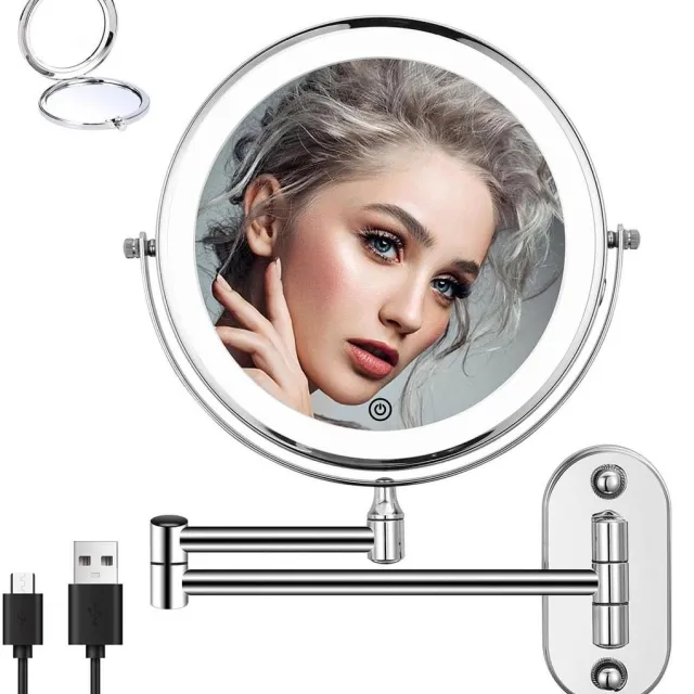 RFWR Wandgemonteerde make-up spiegel met LED-verlichting en 360° draaifunctie - Verlichting in 3 kleuren, vergrotende spiegel 1X/10X Zilver