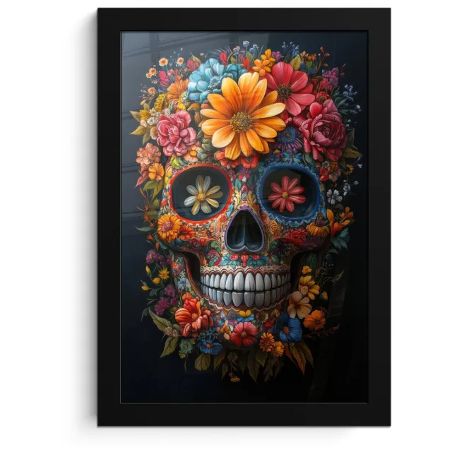 FrameYourWall Poster in lijst - Fotolijst 20x30 cm - Posters - Bloemen - Kleurrijk - Schedel - Posterlijst zwart - Decoratie - Wanddecoratie woonkamer - Muurdecoratie slaapkamer Schedel - Bloemen - Kleurrijk