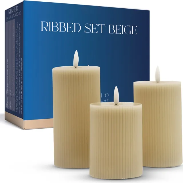 VITAMO Ribbed Candles Set - LED Kaarsen met Echte Wax en Realistische Flikkering - Met Timerfunctie - Natuurlijke en Sfeervolle Uitstraling - Ribbel Stompkaarsen - Beige (3 Stuks)
