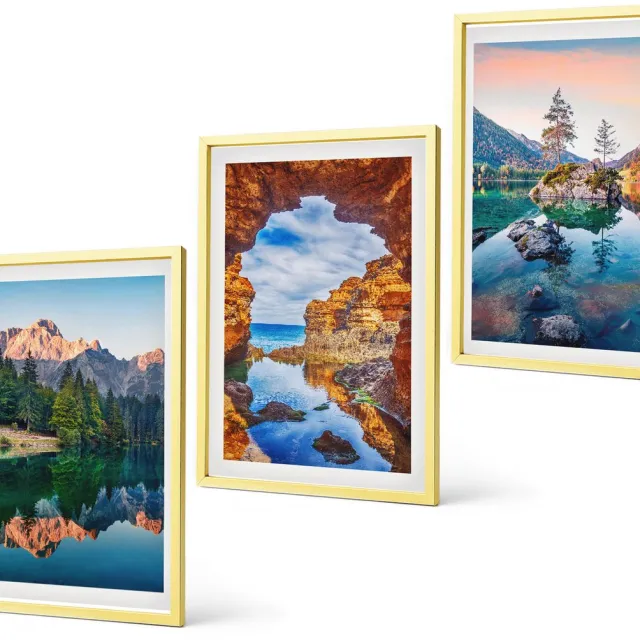 Coloray 3-Delige Schilderij Set - Zeezicht Met Citroenboom En Tuintafel - 40 x 40 cm En 40 x 60 cm - Muurdecoratie - Interieur Decoratie - Decoratieve Schilderijen Gouden lijst