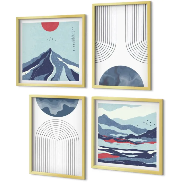 Coloray 4-Delige Schilderij Set - Abstracte patronen, berglandschappen, Japandi - 40 x 40 cm en 40 x 60 cm - Wanddecoratie - Woonkamer Decoratie gouden lijst