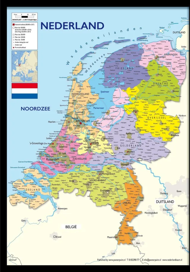 Posterpoint Nederland kaart poster A3 formaat - 30 x 42 cm - ingelijst in mooie houten zwarte lijst - multi - wanddecoratie