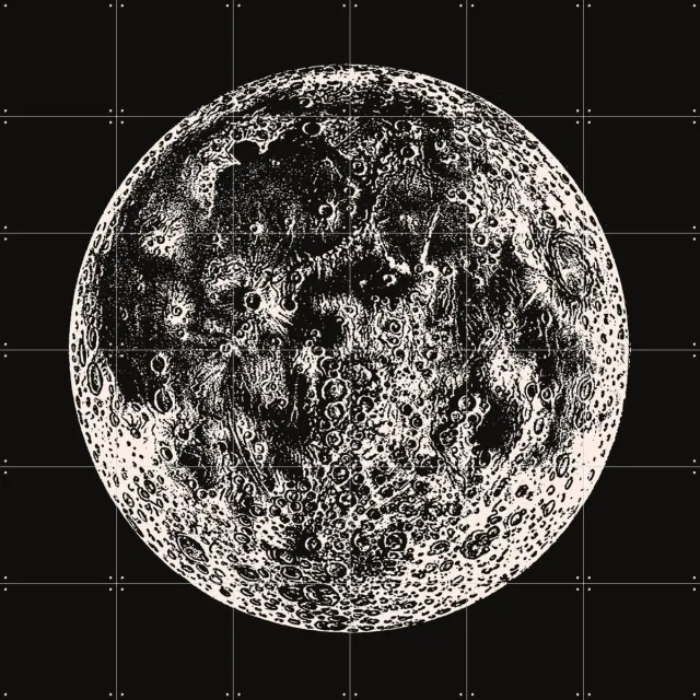 IXXI Moon Big Vintage, Aster Edition - 120 x 120 cm - Grote wanddecoratie en posters - Illustraties, Houtsnede, Vintage, Woonkamer, Mancave Donkere tinten / Zwart / Zwart en wit / Monochroom