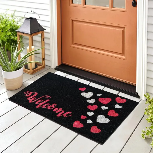 Ibenzoa Fraaie Kokosvezel Deurmat 40 x 70 cm met Antislip Onderkant voor Binnen en Buiten Zwarte Welkom Harten