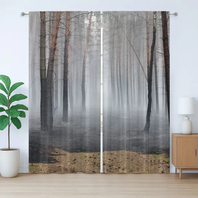 ABAKUHAUS Rustiek Mistgordijn, Verbrand Bos met Kale Bomen, Geplooid Gordijn voor de Slaapkamer met Lussen en Haken, 280 x 175 cm, Grijs Lichtbruin