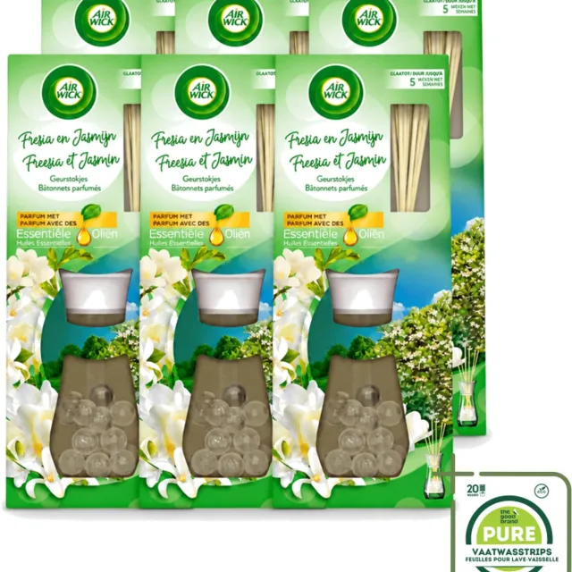 Air Wick 6 x Air Wick Essential Oils - Geurstokjes - Freesia & Jasmijn - 30ml - Grootverpakking - Vaatwasstrips - Geurstokjes - Bloemige Geur - Freesia - Jasmijn - Essentiële Oliën Wit