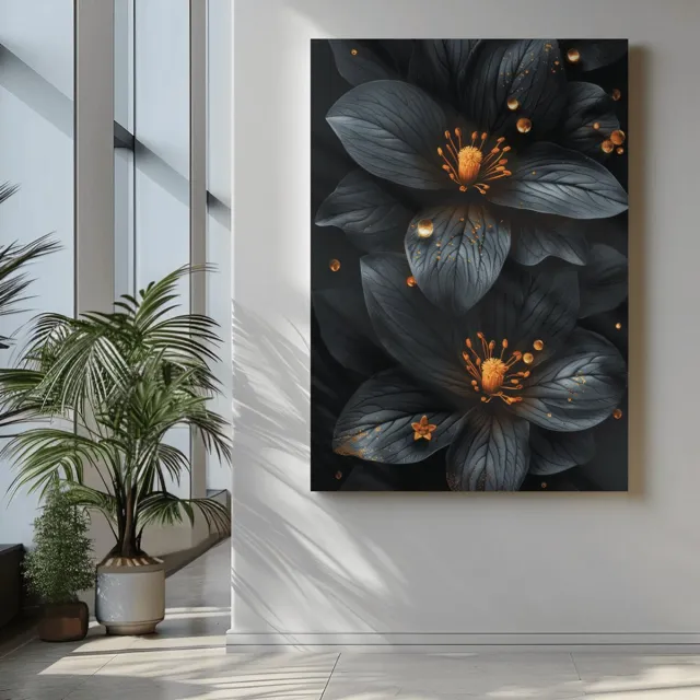 Trendex Global Canvas Schilderij - Bloemen - Zwart - Wanddecoratie - 90x60x2 cm