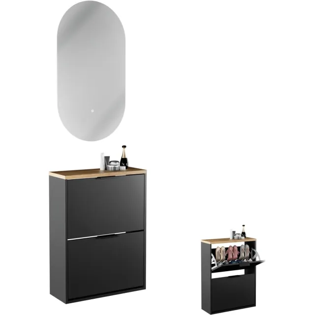 Planetmöbel STIVIO - Schoenenkast 60 cm met LED-spiegel - Zwart - 2 kleppen - 2-delig 2 kleppen, Zwart
