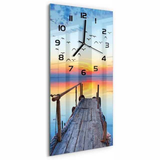 TULUP Wandklok - Houten brug Klok Glas Met Opdruk - 30x60 cm - Oranje Moderne Wandklok Glas - Zwarte handen - Rechthoekige Klok - Decoratieve Glazen Klok - Glazen Wandklok Design